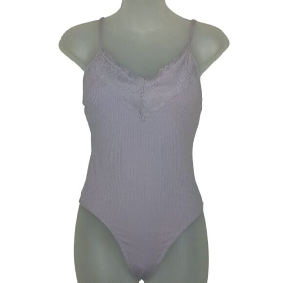 PINK Victoria's Secret Lilac Ribbed Lace V-Neck Sleeveless Bodysuit - Picture 1 of 4